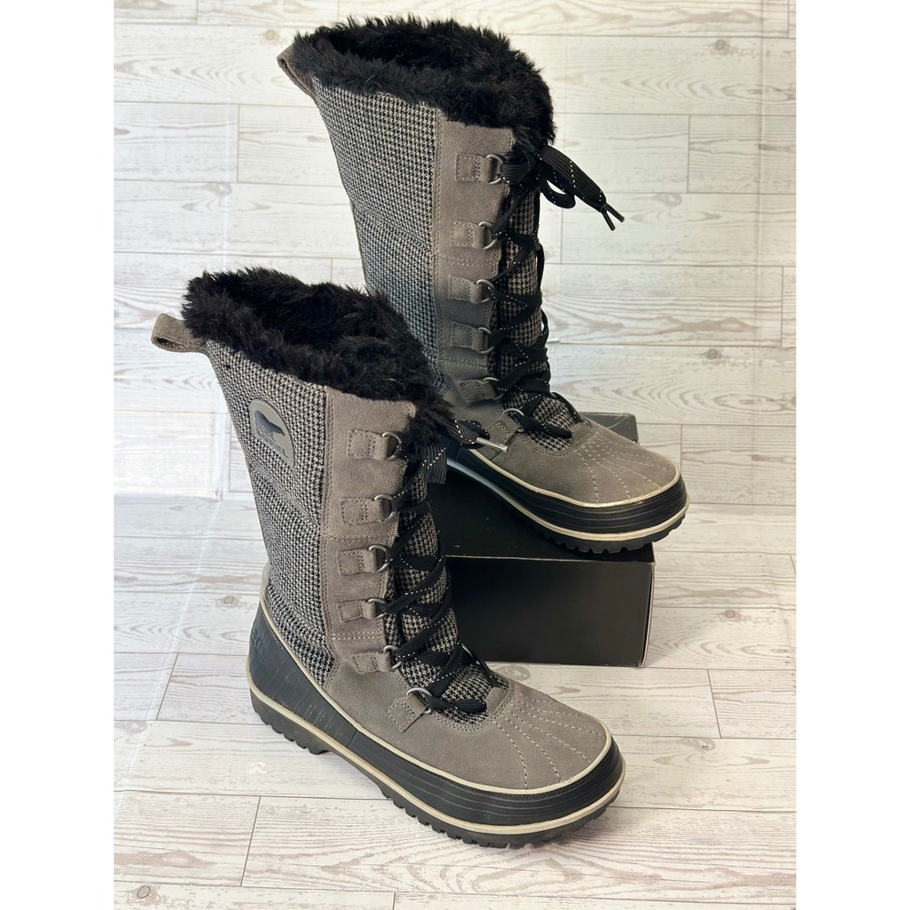 Sorel Winter Boots Womens 10 Gray Houndstooth Faux Fur LL2517-052